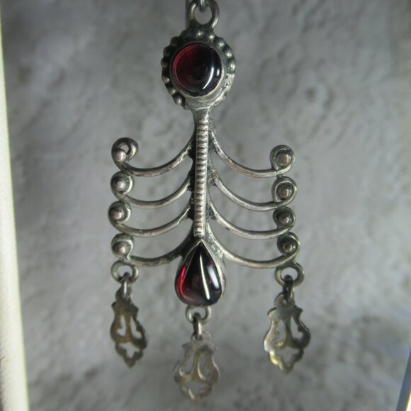 Vintage Sterling Silver 925 Garnet Dangle Earrings Boho Ethnic Tribal Cabochon - Picture 3 of 16